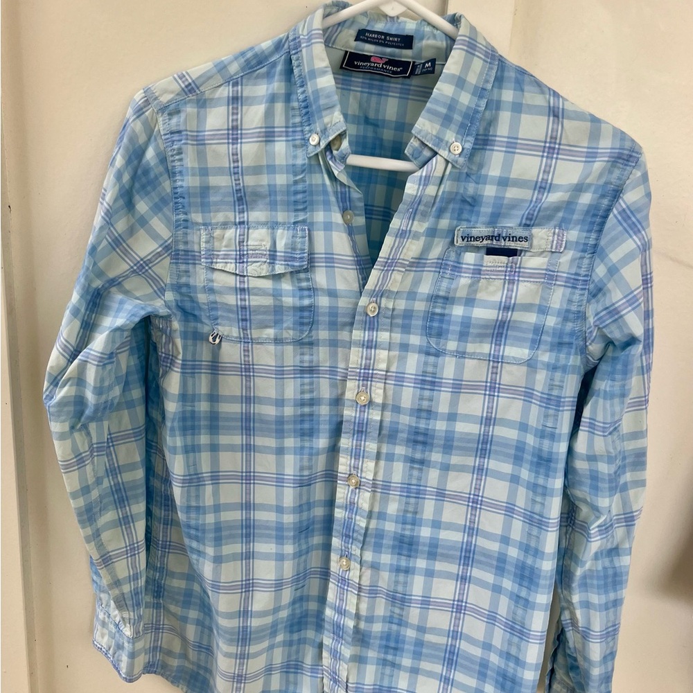 Vineyard Vines Blue Plaid Youth Med. Button Down Shirt